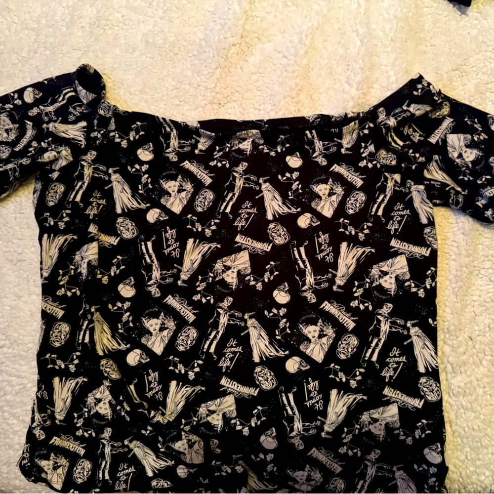 Frankenstein and bride of Frankenstein off the shoulder top